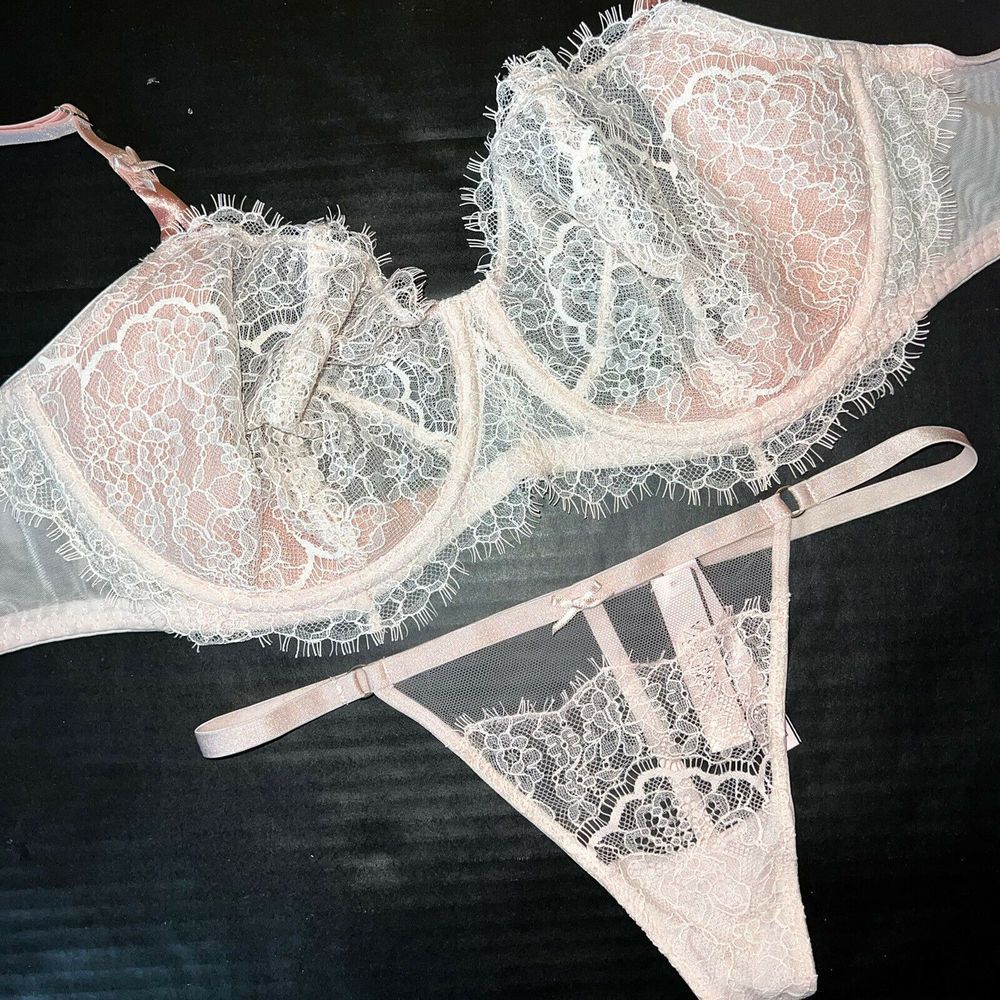 Victoria's Secret unlined 34DD BRA SET S thong Ice PINK lace mesh DREAM ANGELS